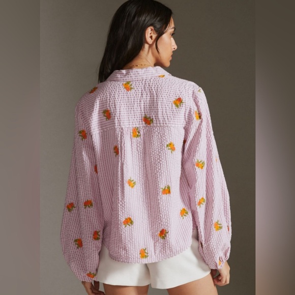 Anthropologie Maeve Pink Seersucker
Embroidered orange Bishop Sleeve, size large - Picture 12 of 13